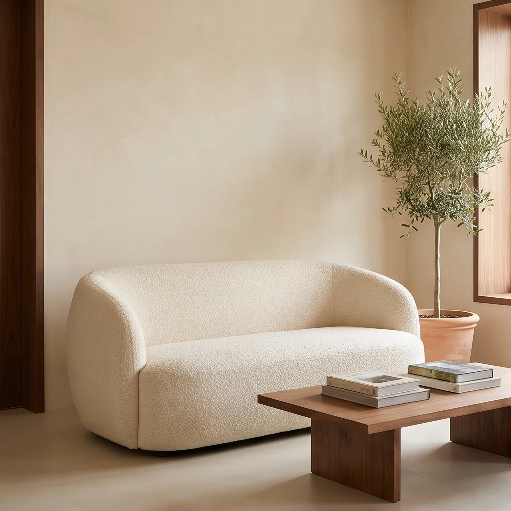 Inspiracja: jasna sofa bouclé w ciepłym wnętrzu